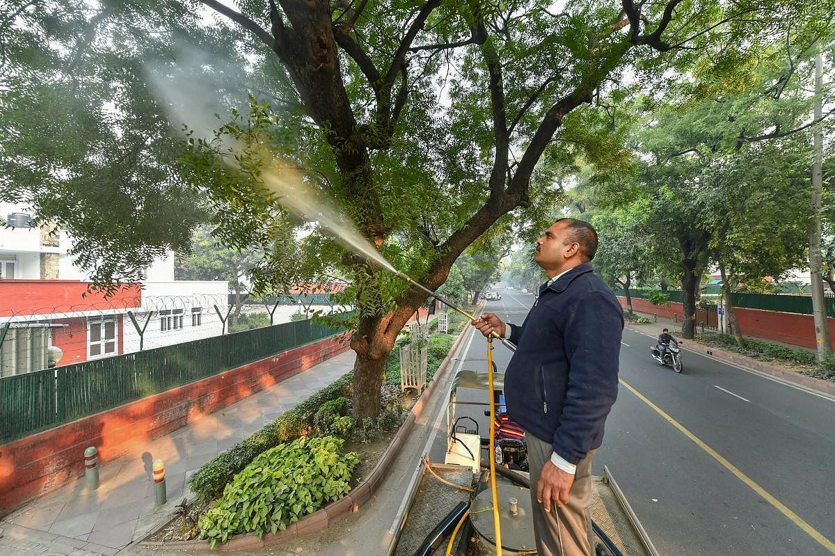 A New Delhi Municipal Council (NDMC) worker sprinkles water on trees to combat toxic smog and dust near India Gate, in New Delhi, Tuesday, Nov. 27, 2018. (PTI Photo)