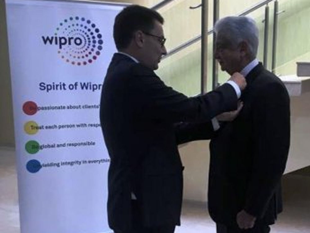 Wipro Limited Chairman Azim Premji receives the highest French civilian distinction, Chevalier de la Legion d'Honneur (Knight of the Legion of Honour), from Ambassador of France to India Alexandre Ziegler, in Bengaluru on Thursday. 