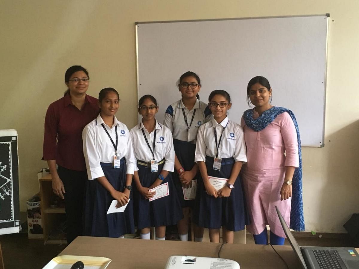 (L to R) Shruthi Y Arun (principal), Nityasree Pola, Nikkita Rosalyn Charles, Uditi Mourya, Treya Moodithaya and Swapnal Sarangarajan (senior coordinator).