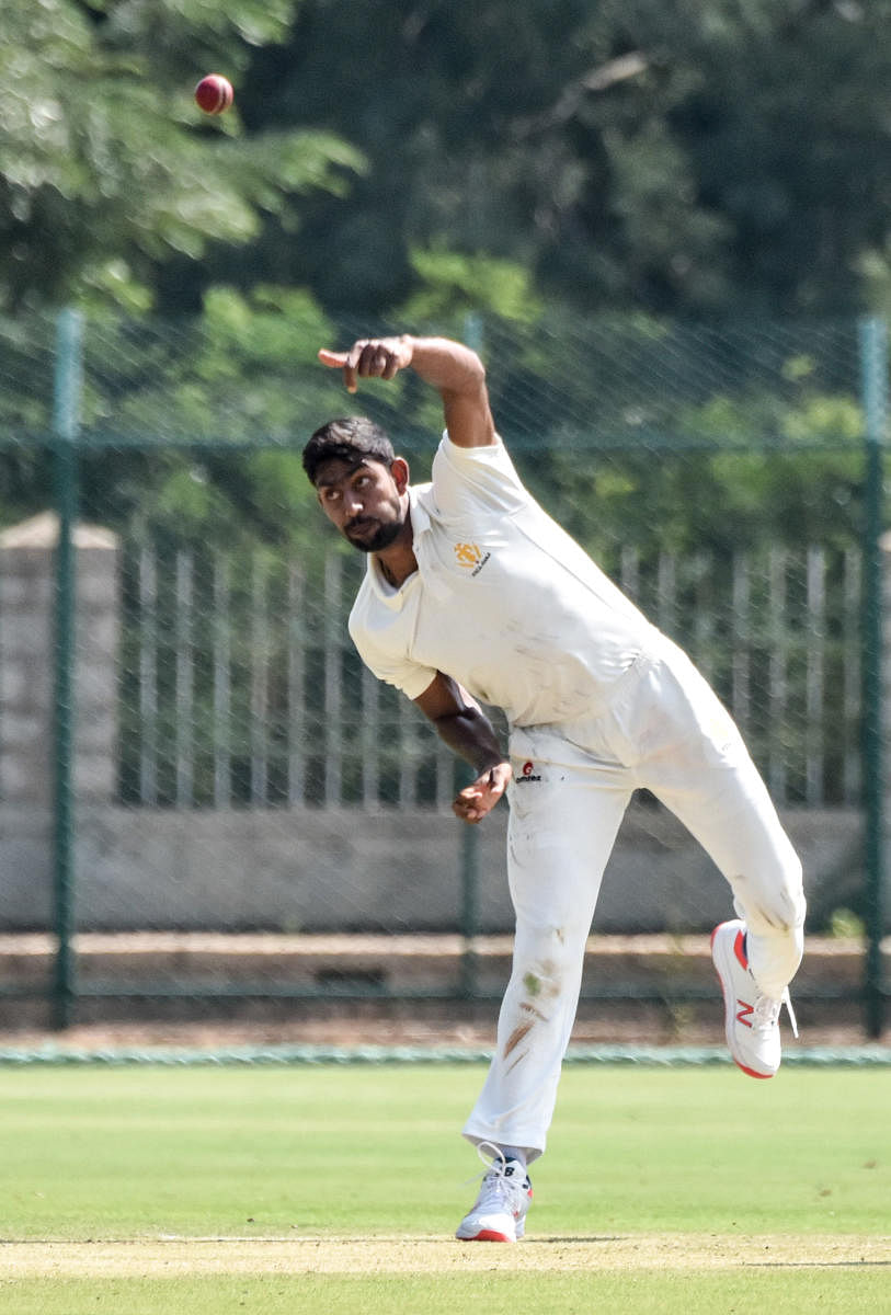 Karnataka left-arm spinner J Suchith claimed four wickets to put the hosts on top against Maharashtra on the opening day of their Ranji Trophy match in Mysuru on Wednesday. DH Photo/ Savitha B R