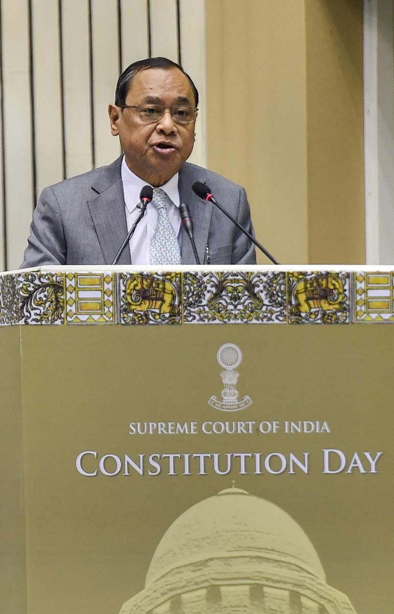 Chief Justice of India Ranjan Gogoi addresses the inaugural function of Constitution Day celebrations, in New Delhi, Monday, Nov. 26, 2018. (PTI Photo) 