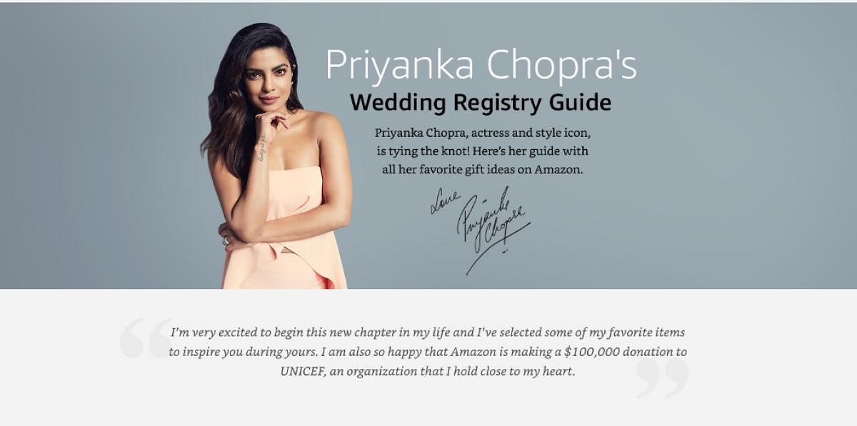 Movie star Priyanka Chopra, set to marry soon, is promoting the idea of wedding registries.