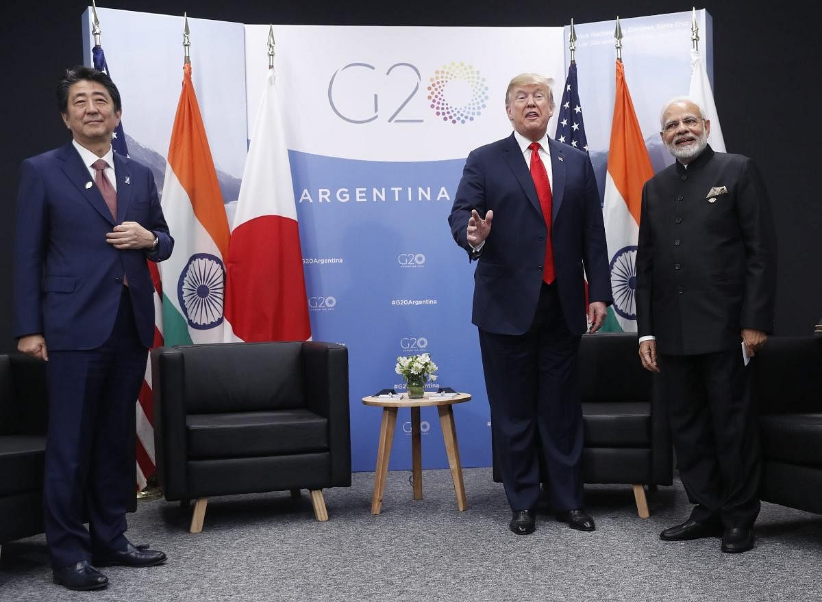 President Donald Trump meets with Japan Prime Minister Shinzo Abe, left, and India's Prime Minister Narendra Modi, Friday, Nov. 30, 2018 in Buenos Aires, Argentina. (AP/PTI)