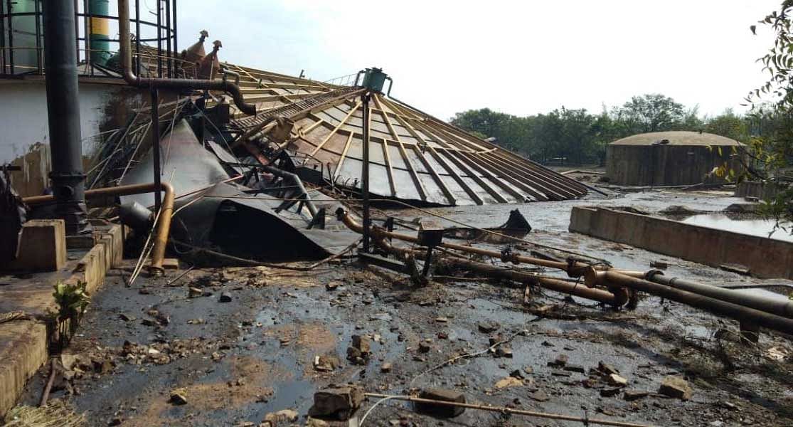 Chemical mixed water from a factory boiler that collapsed at a sugar factory near Maddur, on Tuesday, has destroyed over 100 acres of farmland and injured a factory employee. It is learnt that the boiler was damaged but not replaced.   DH photo