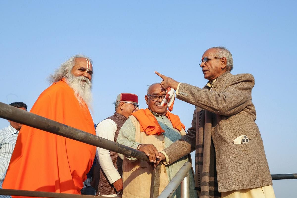 Vishwa Hindu Parishad (VHP) international vice president Champat Rai (R) and Ram Vilas Vedanti inspect the preparations for November 25 Dharm Sabha in Ayodhya on Friday. PTI