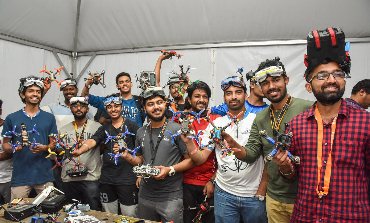 Pilots who took part in the night drone race at the Bengaluru Tech Summit in Bengaluru on November on Friday. Photo by S K Dinesh