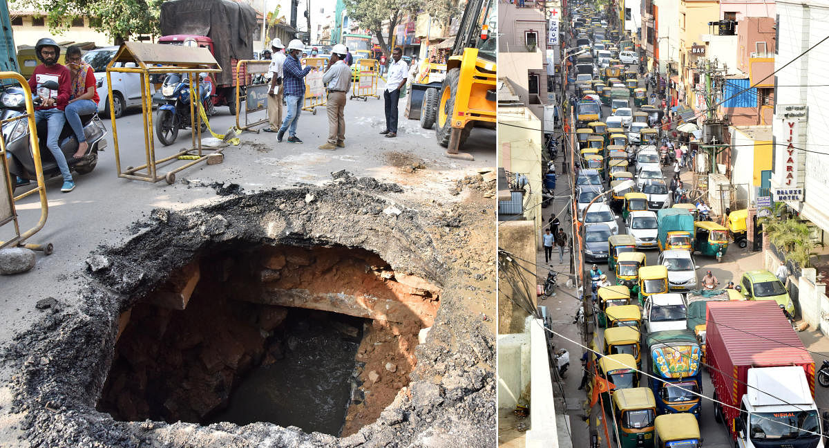 A traffic jam on Cottonpet Main Road after a portion of the stretch caved in on Saturday. DH PHOTO/ Janardhan B K