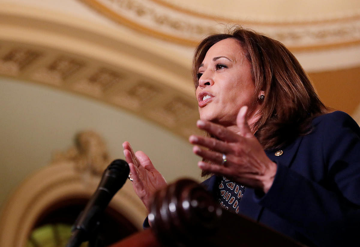 Senator Harris addresses Capitol Hill reporters after Senate Democratic weekly policy lunch in Washington. Reuters file photo.