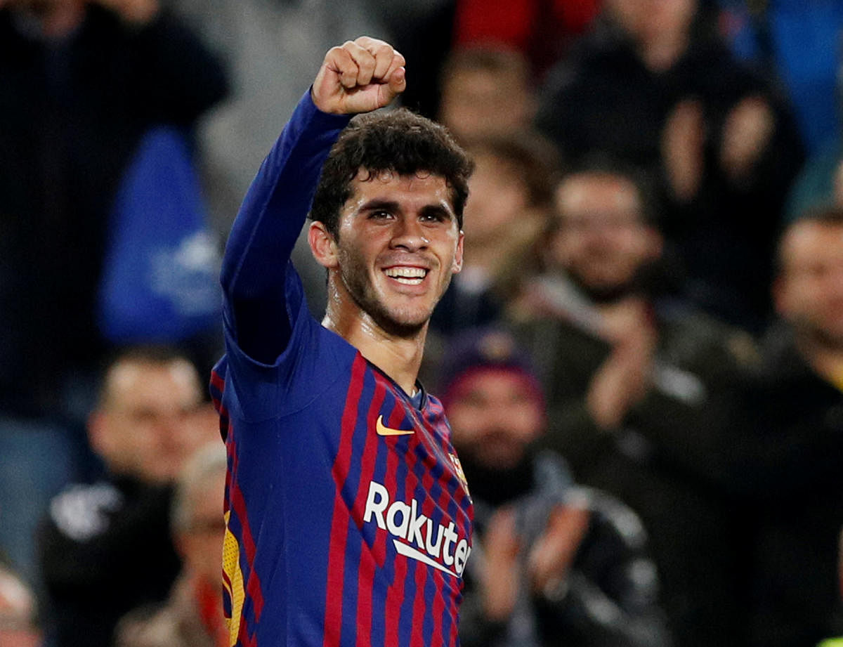 Barcelona's Carles Alena celebrates scoring their second goal against Villarreal on Sunday. REUTERS