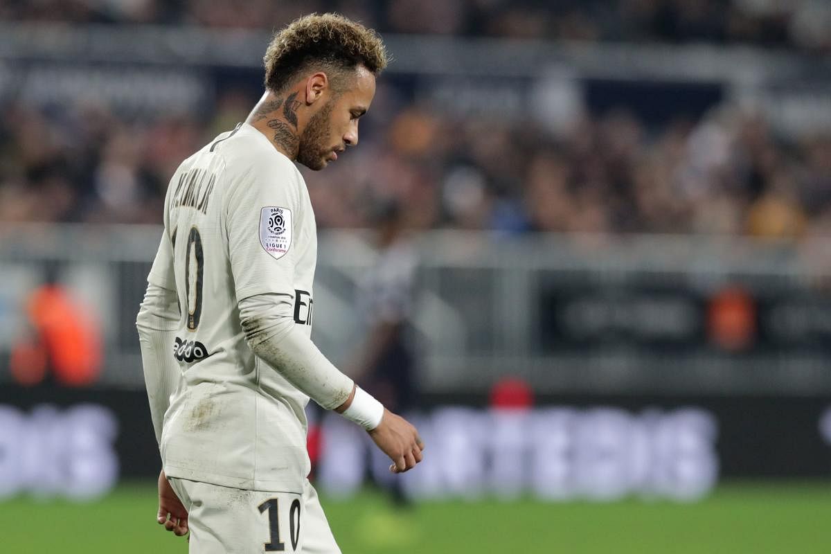 PAINFUL Neymar leaves the field after being substituted during PSG's game against Bordeaux on Sunday. AFP