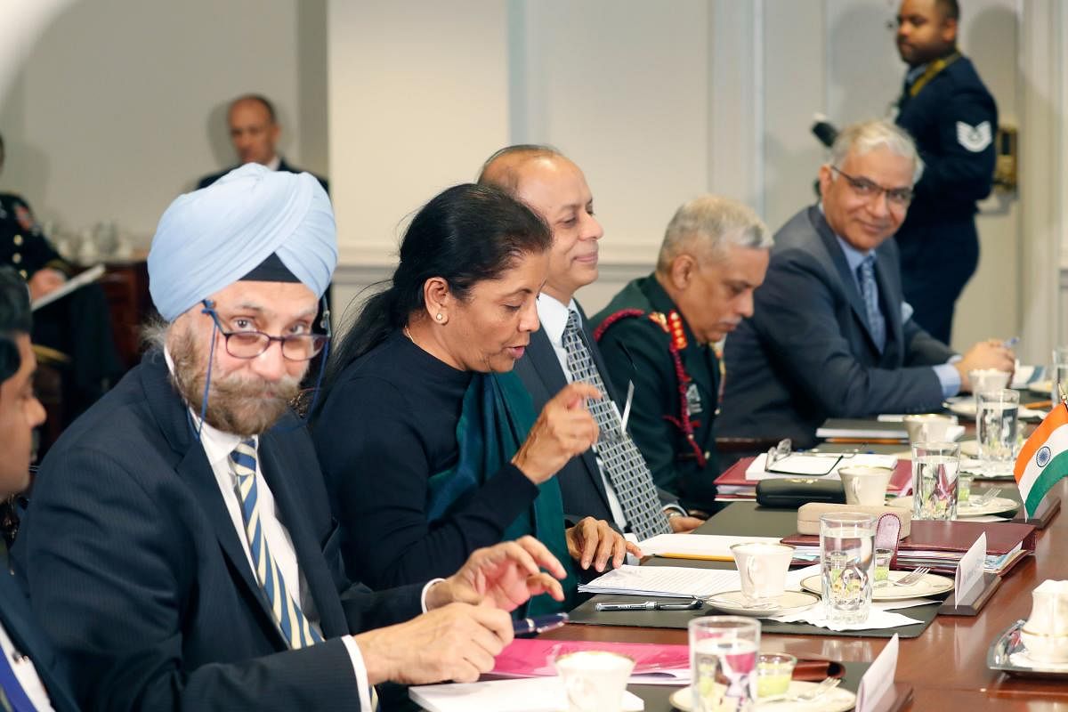 Defence Minister of India Nirmala Sitharaman (C) speaks during a meeting with US Defense Secretary Jim Mattis at the Pentagon in Washington, DC on December 3, 2018. (AFP Photo)
