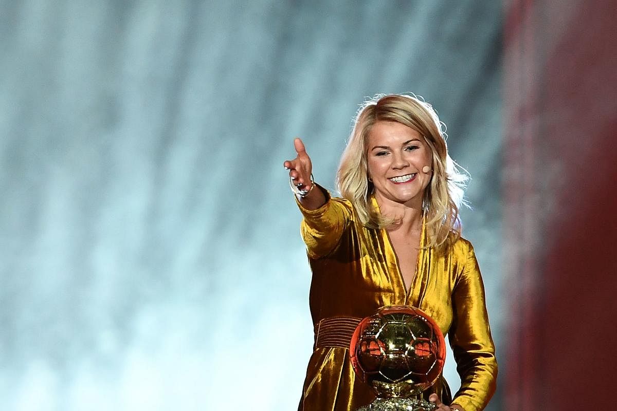 HISTORIC: Ada Hegerberg gestures after receiving the FIFA Women's Ballon d'Or award for best player of the year in Paris on Monday. AFP
