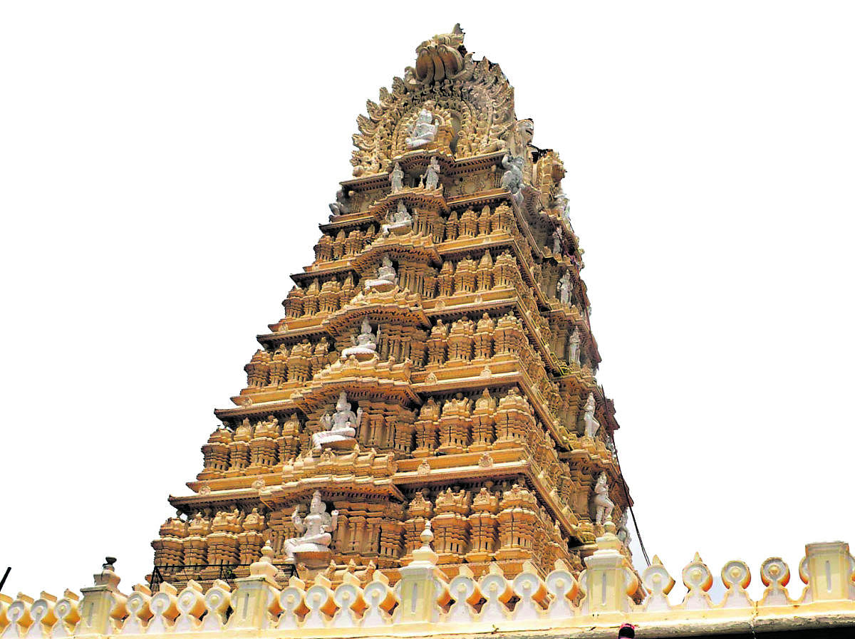 A view of Chamundeshwari temple gopura in Mysuru. Services in the historic temple and 23 other shrines managed by the Chamundeshwari Temple Board may be affected from Dec 14 as the priests and other staff have planned indefinite stir, pressing fulfilment