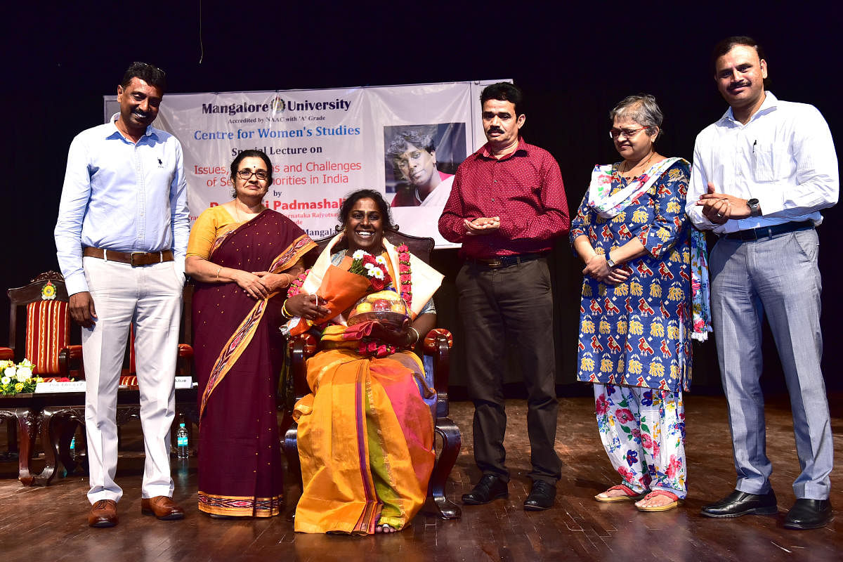 Transgender rights activist and Ondede founder Akkai Padmashali was felicitated during a special lecture on issues, problems and challenges of sexual minorities in India, organised by the Centre for Women’s Studies at Mangalore University on Monday.
