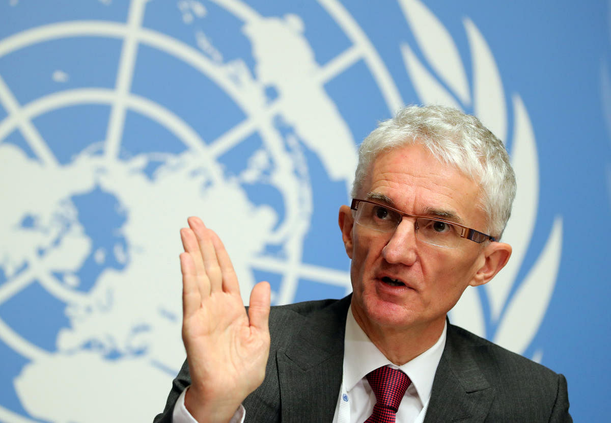 UN Under-Secretary-General for Humanitarian Affairs and Emergency Relief Coordinator (OCHA) Mark Lowcock attends a news conference for the launch of the "Global Humanitarian Overview 2019" at the United Nations in Geneva, Switzerland. (REUTERS)