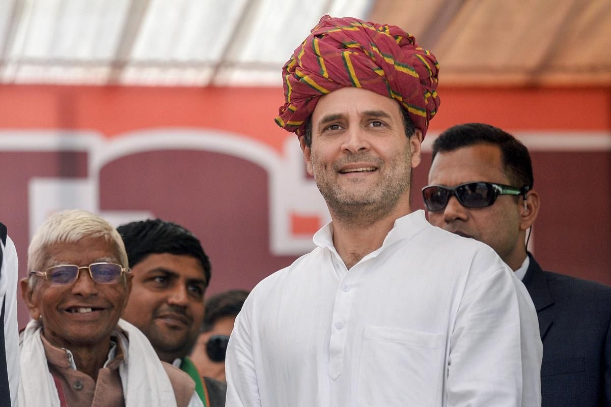 Congress president Rahul Gandhi during an election campaign at Malakhera, Alwar district in Rajasthan, on Tuesday. PTI