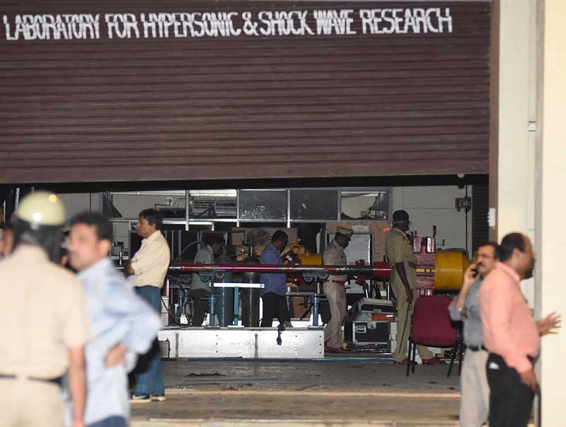The scene of the explosion at an IISc lab. (DH photo/Janardhan B K)