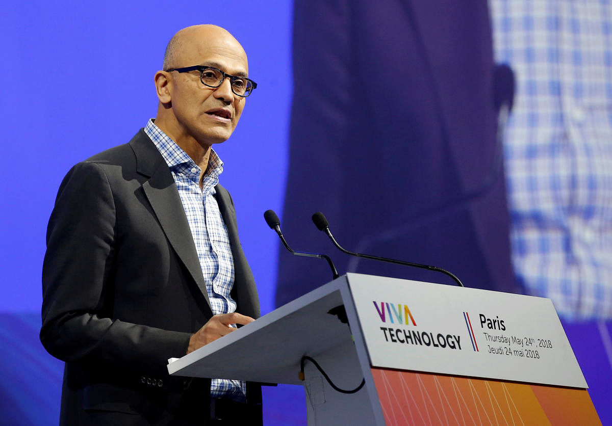 Microsoft CEO Satya Nadella speaks during the opening of the Viva Tech start-up and technology summit in Paris. AFP file photo.