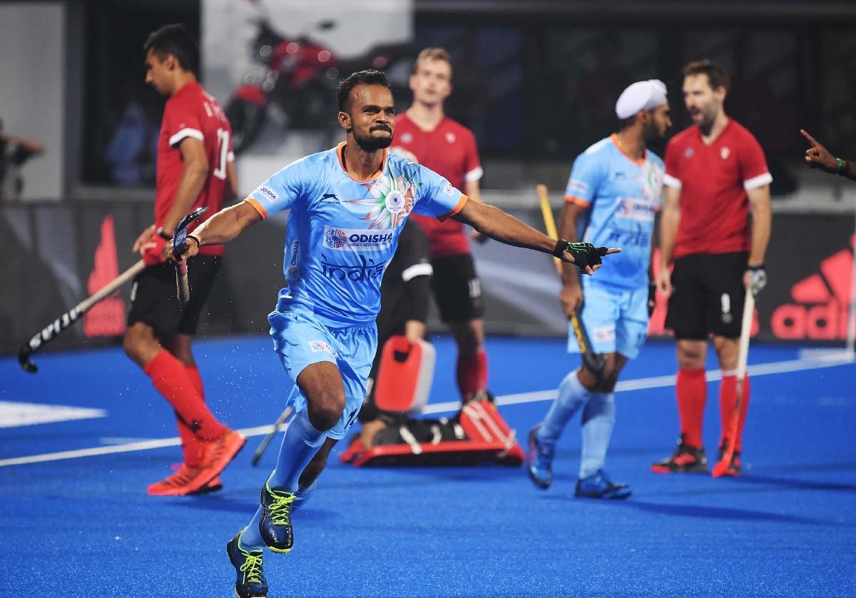 India's Lalit Upadhyay celebrates after scoring a goal against Canada during the field hockey group stage match between India and Canada at the 2018 Hockey World Cup in Bhubaneswar. AFP photo