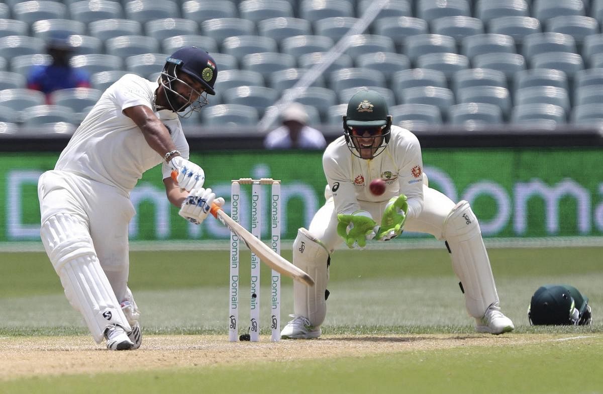 Rishabh Pant hits the ball to be out caught on day four of the first Test on Sunday. AP/ PTI