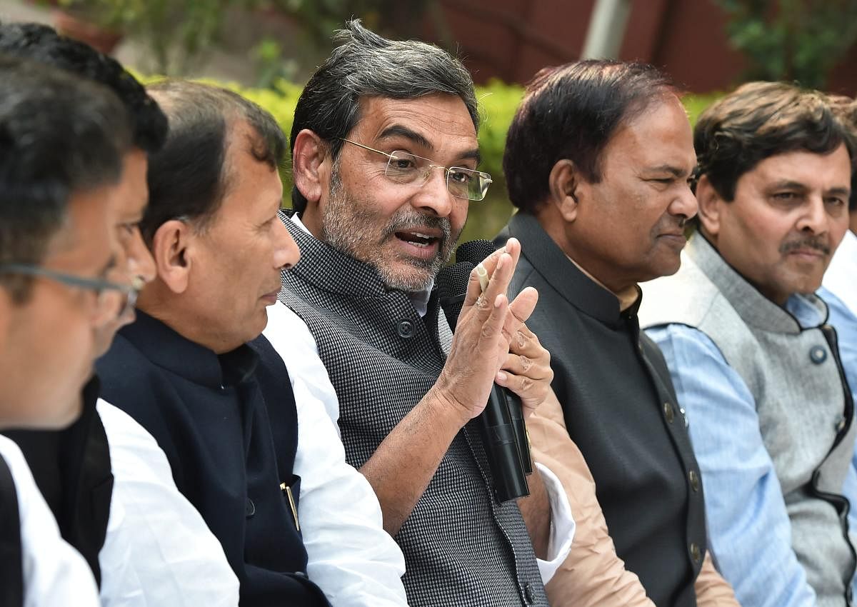 Rashtriya Lok Samata Party (RLSP) chief and Union minister of state for human resource development, Upendra Kushwaha addresses a press conference to announce his resignation from the Union Council of Ministers, at his residence in New Delhi, Monday, Dec. 10, 2018. (PTI Photo)