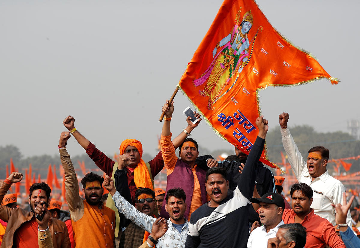 Supporters of the Vishva Hindu Parishad (VHP) during "Dharma Sabha" or a religious congregation organised by the VHP in New Delhi. Reuters PTI File Photo/ representation only 