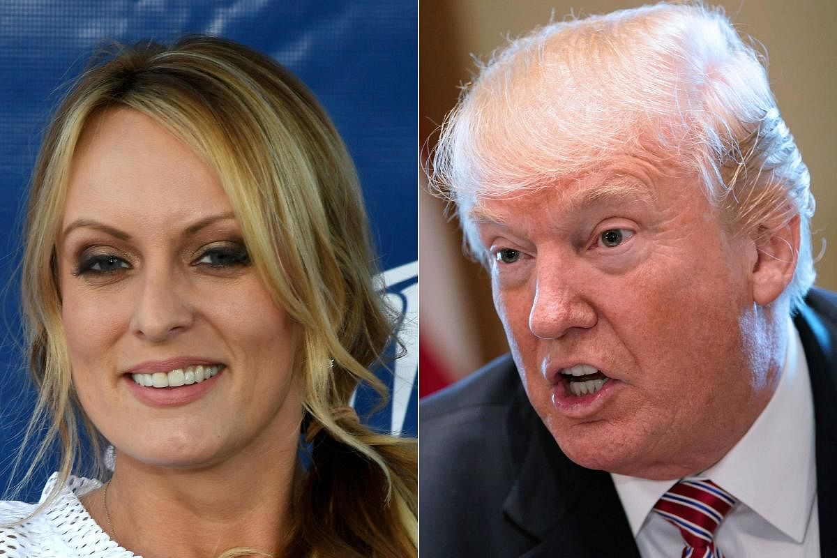 (FILES) In this file photo taken on February 14, 2018 (COMBO) This combination of file pictures created on February 14, 2018 shows a file photo taken on February 4, 2018 of adult film actress/director Stormy Daniels as she hosts a Super Bowl party at Sapp