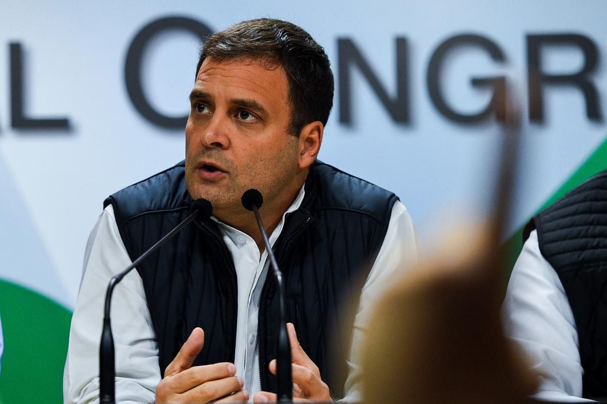 President of the Indian National Congress Party Rahul Gandhi speaks during a press conference at the All India Congress Committee offices in New Delhi on Tuesday. AFP