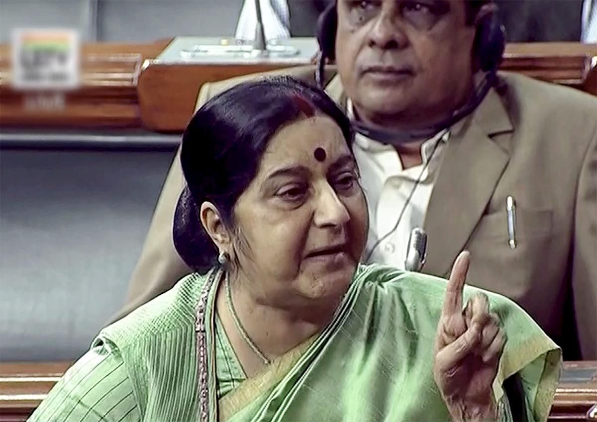 New Delhi: External Affairs Minister Sushma Swaraj speaks in the Lok Sabha in New Delhi on Wednesday, during the Winter Session of Parliament. PTI Photo / TV GRAB(PTI12_27_2017_000025B)