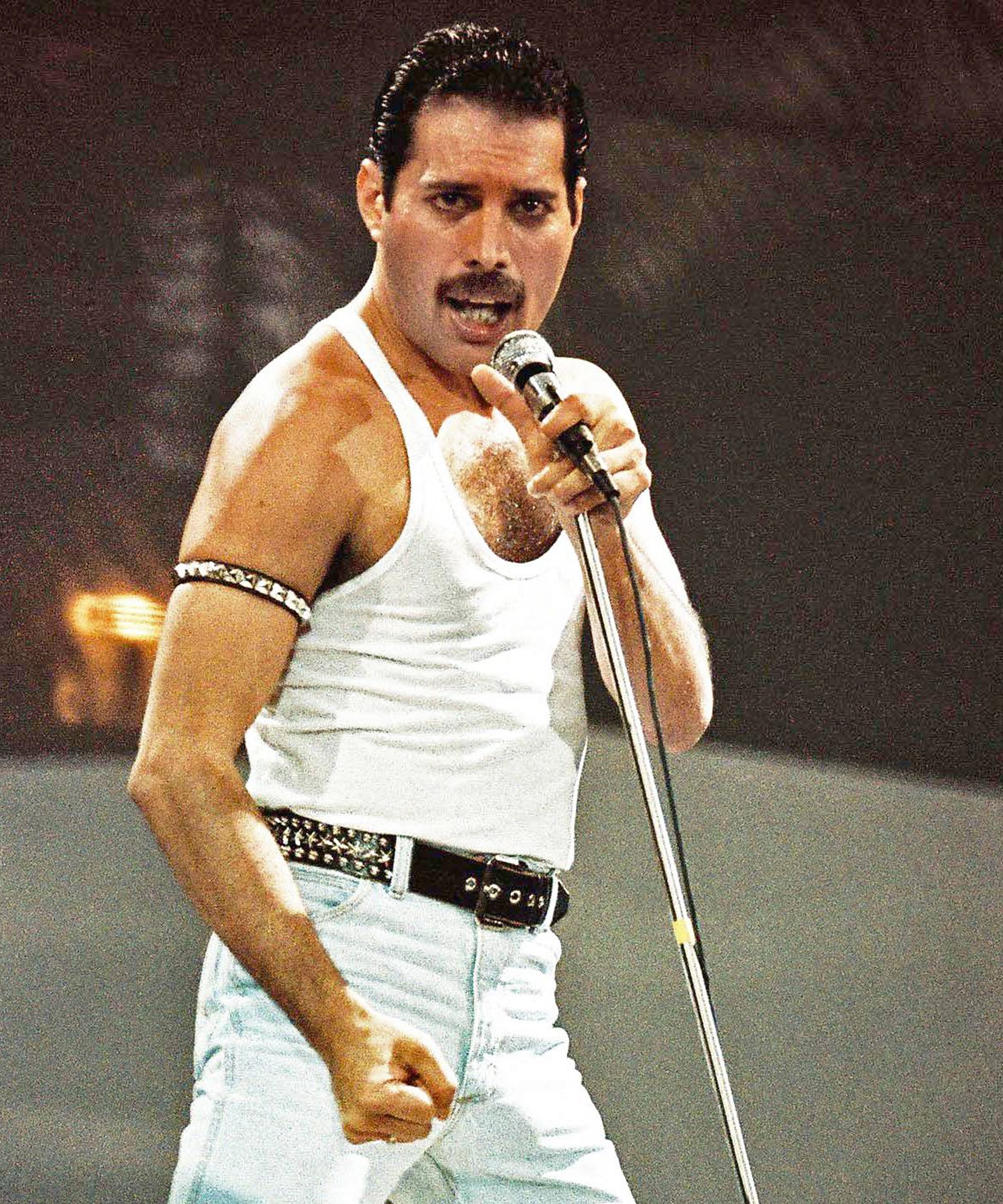 Freddie Mercury at Live Aid concert, Wembley Stadium, in 1985.