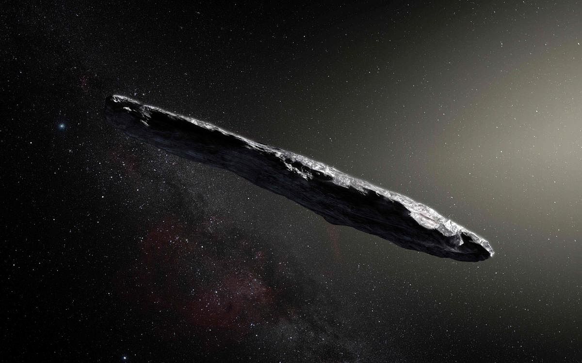 In a handout image released by the European Southern Observatory, an artist’s impression of the Oumuamua asteroid, thought to be 800 yards long and 80 yards wide. The discovery of Oumuamua on October 19 set off a worldwide scramble for telescope time to observe it zooming through the solar system at 40,000 miles per hour. (M. Kornmesser/European Southern Observatory )