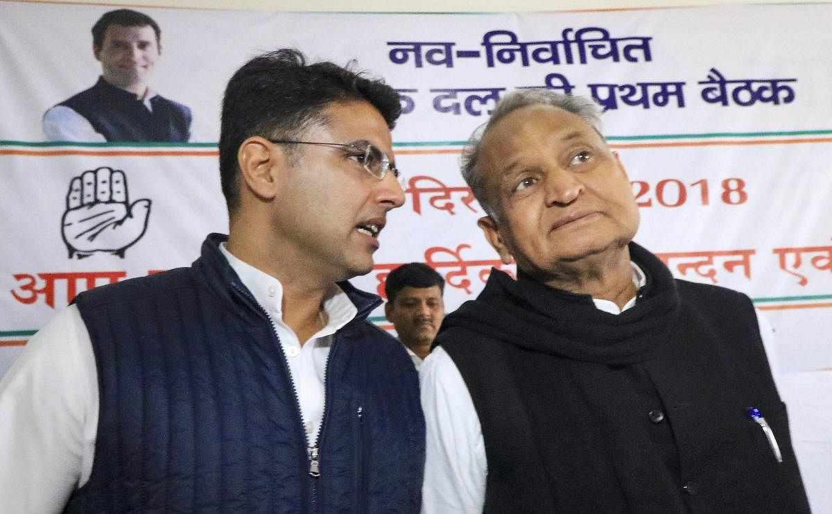 Congress leaders Sachin Pilot and Ashok Gehlot during a meeting with newly elected MLAs at the party office in Jaipur on December 12. PTI