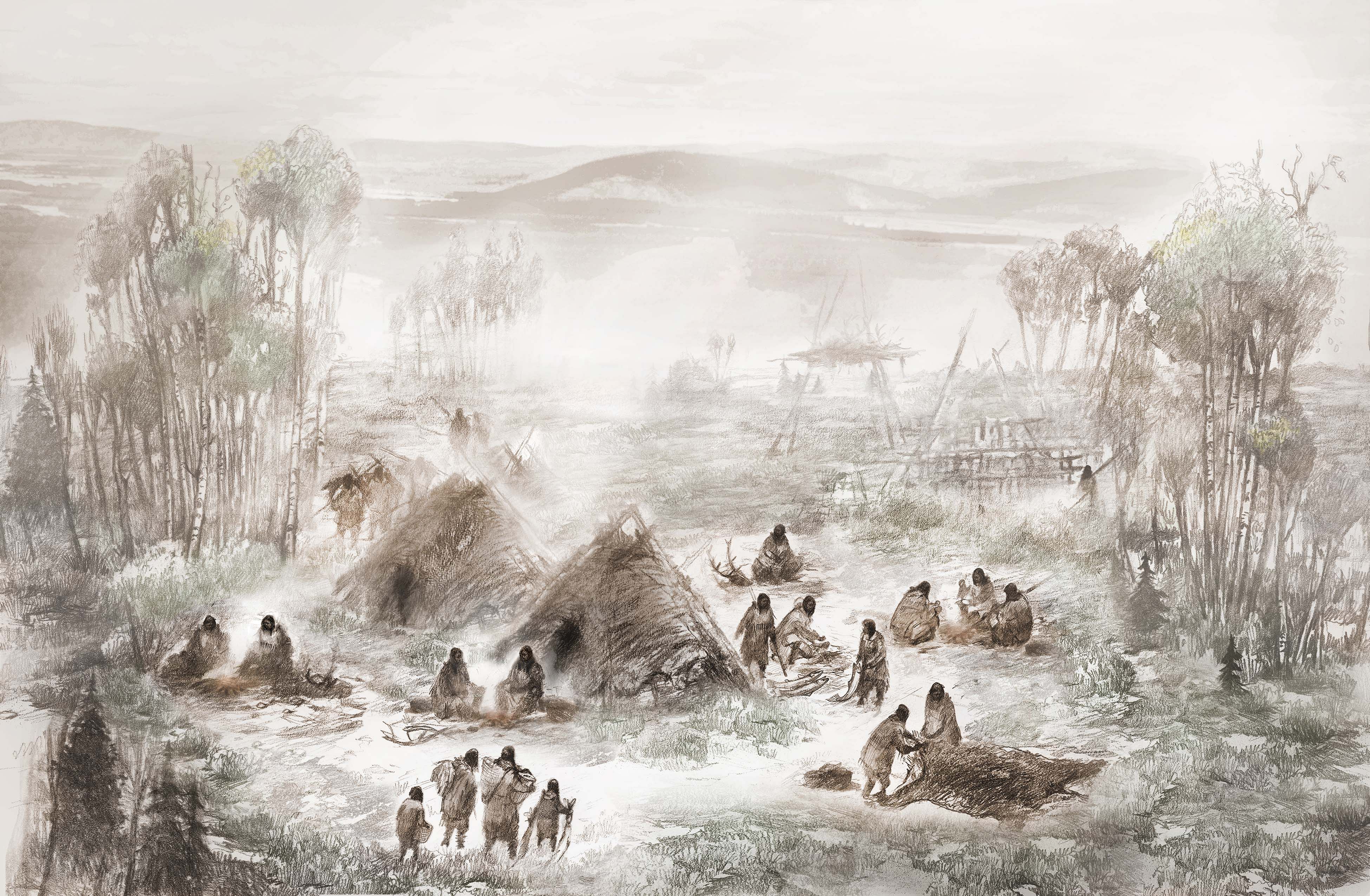  Reconstruction of Upward Sun River residential camp. The infants were buried within the structure in the foreground.  Illustration by Eric S. Carlson in collaboration with Ben A. Potter.
