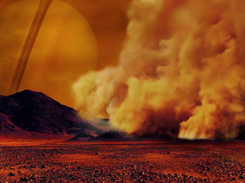 Artist's concept of a dust storm on Titan. Credit: IPGP/Labex UnivEarthS/University Paris Diderot - C. Epitalon & S. Rodriguez