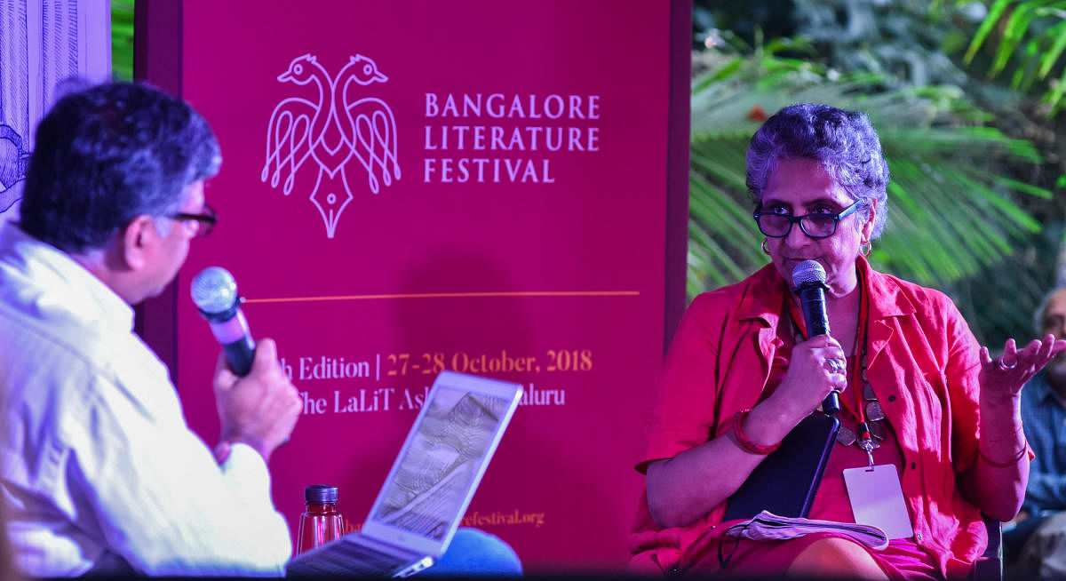 Chitra Subramaniam speaking at Chit Chat on Bofors and Rafale seminar in Bangalore Literature Festival (BLF) at The Lalith Ashok in Bengaluru on Sunday. Chidanand Raighatta is seen. Photo by S K Dinesh