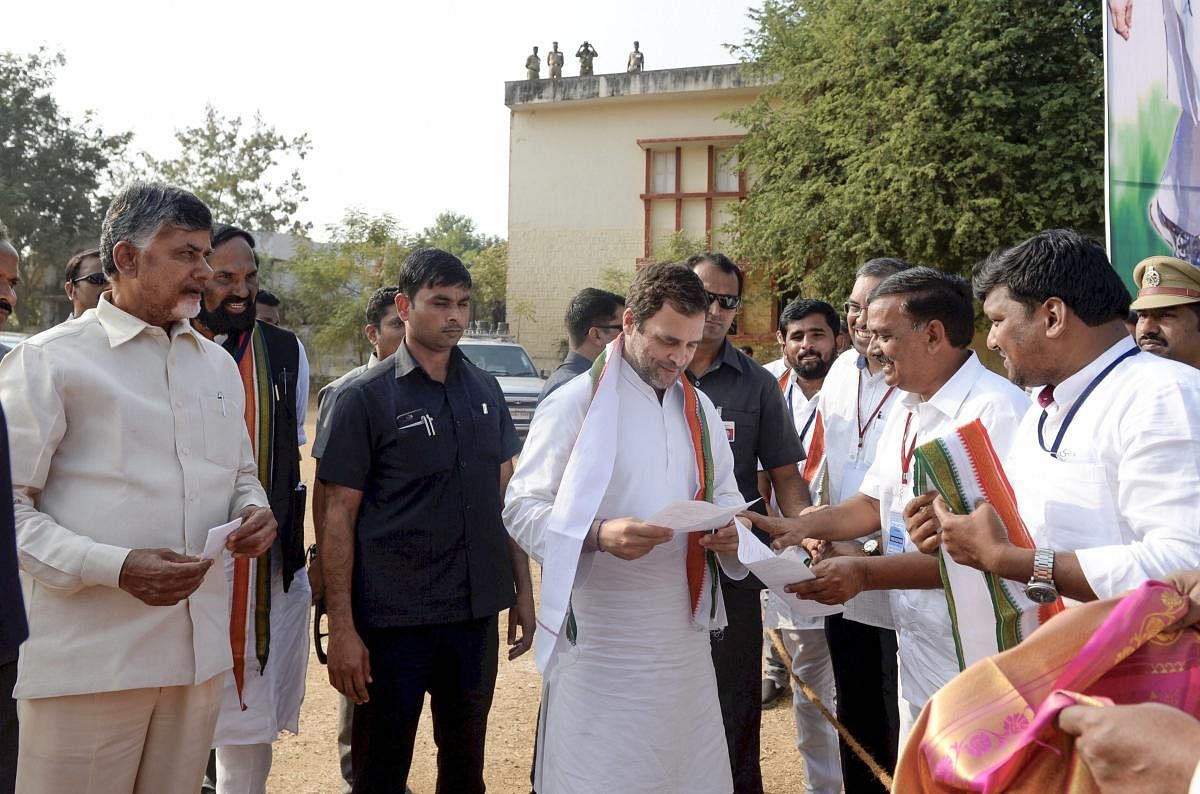 Congress president Rahul Gandhi with Andhra Pradesh Chief Minister Chandrababu Naidu during an election campaign for the Telangana Assembly elections, in Khammam, Telangana, on November 28, 2018. PTI