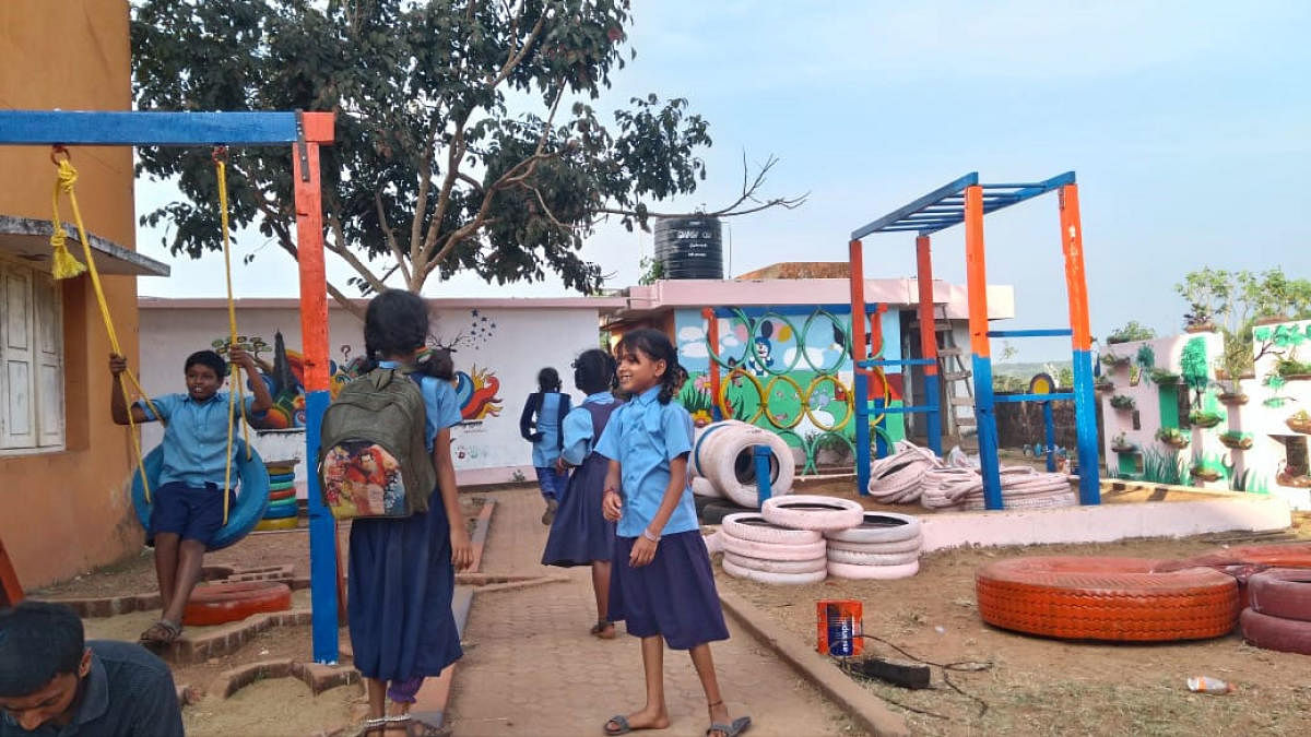 Sahyadri civil engineering students and team Trigon developed a play area for children at Government High School, Angaragundi, Mangaluru.