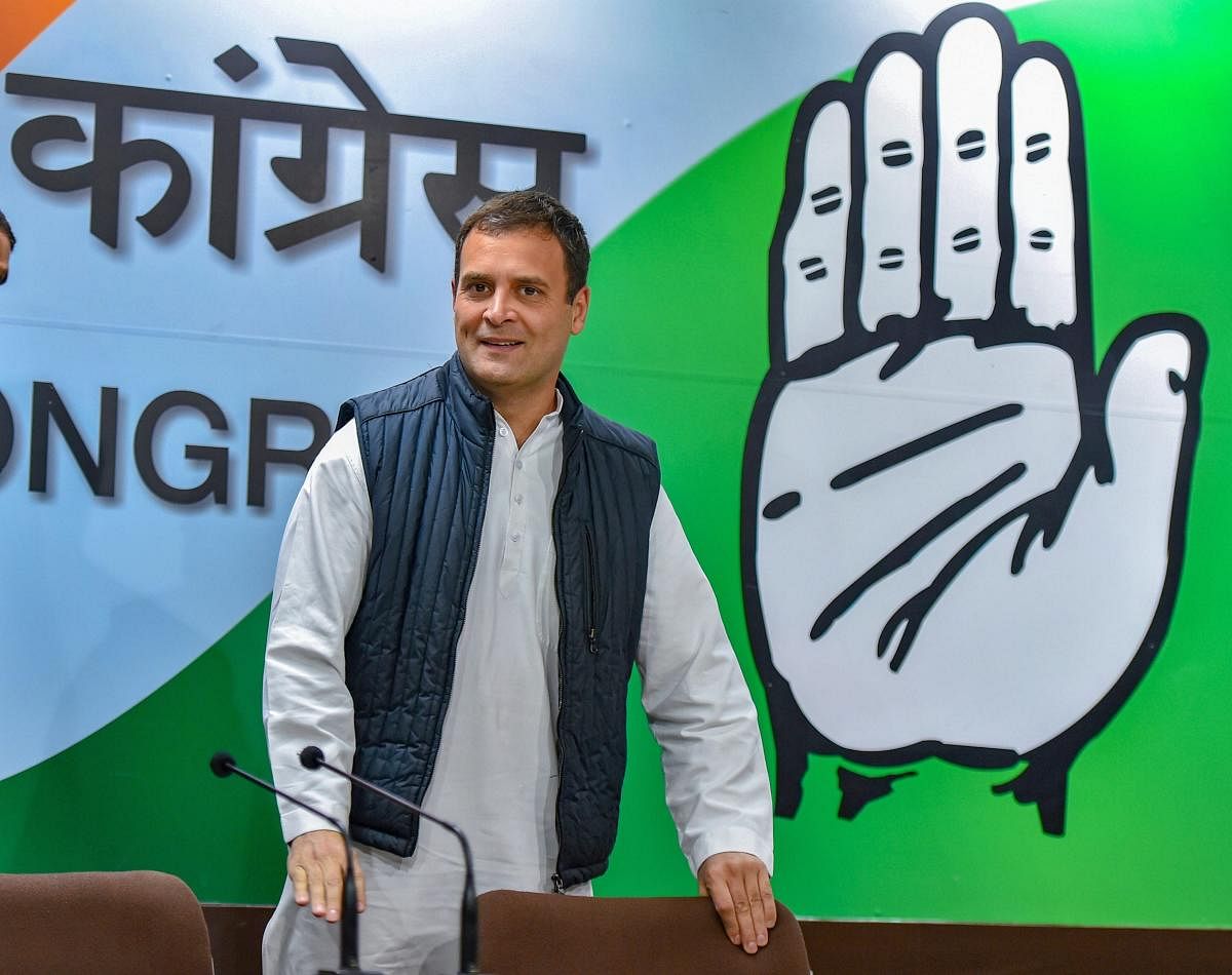 Congress President Rahul Gandhi arrives to address media after the party's win in Assembly elections of Rajasthan, Chhattisgarh and Madhya Pradesh. PTI