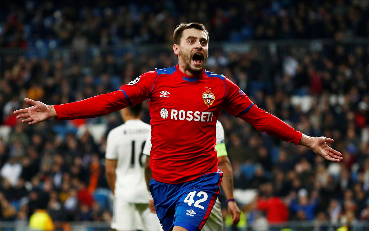 CSKA Moscow's Georgi Shchennikov celebrates after scoring against Real Madrid on Wednesday night. REUTERS