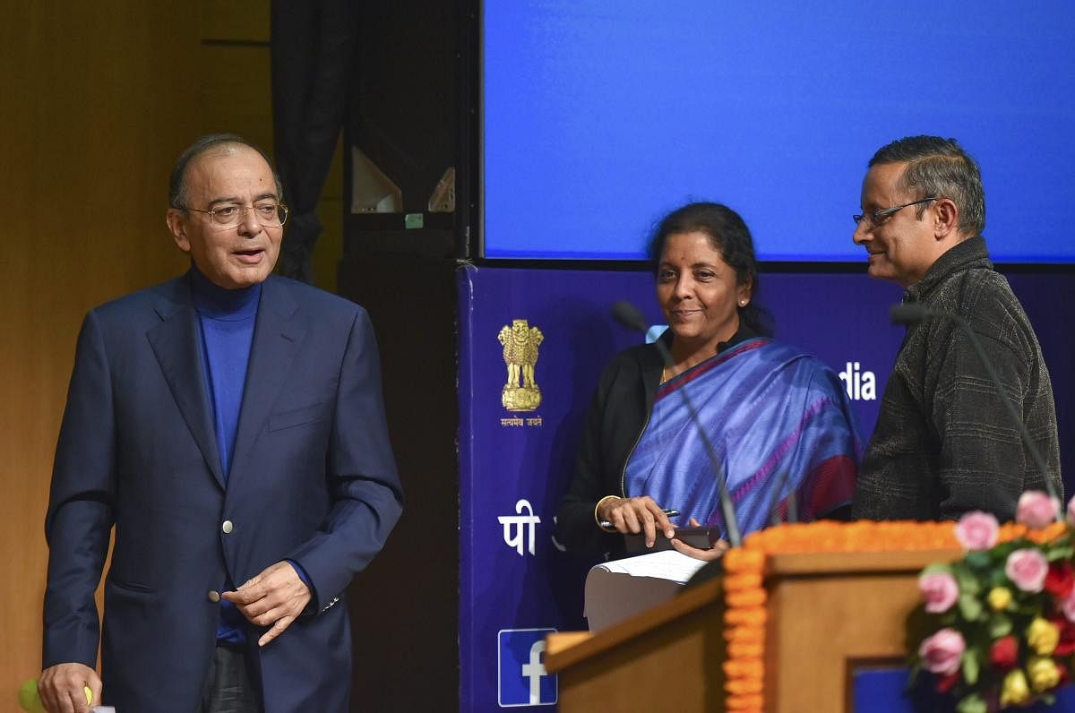Union Finance Minister Arun Jaitley, Defence Minister Nirmala Sithraman and Defence Secretary Sanjay Mitra after a press conference on Supreme Court's verdict on Rafale case, at National Media Centre in New Delhi, Friday, Dec 14, 2018. (PTI Photo)