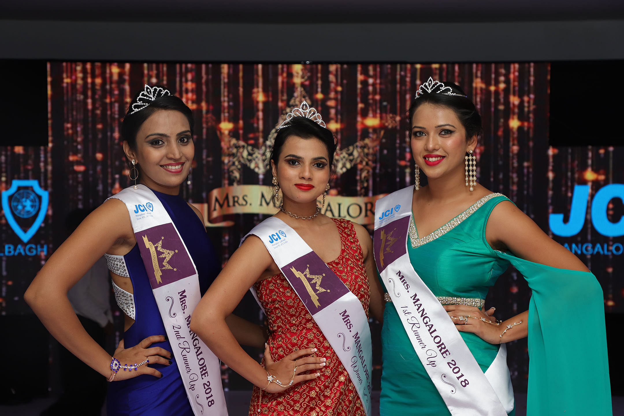 Sudheeksha Kiran, who was crowned Mrs Mangalore 2018, flanked by Hera Pinto and Angelita Lewis who won the first and second runners-up titles respectively.