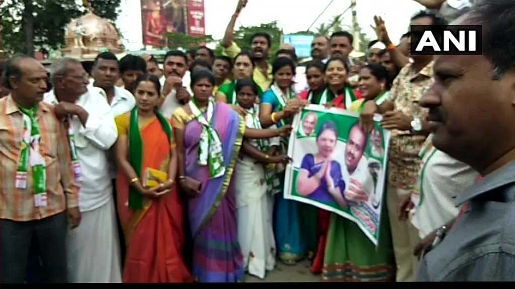 JD(S) workers celebrate in Ramanagaram. ANI photo
