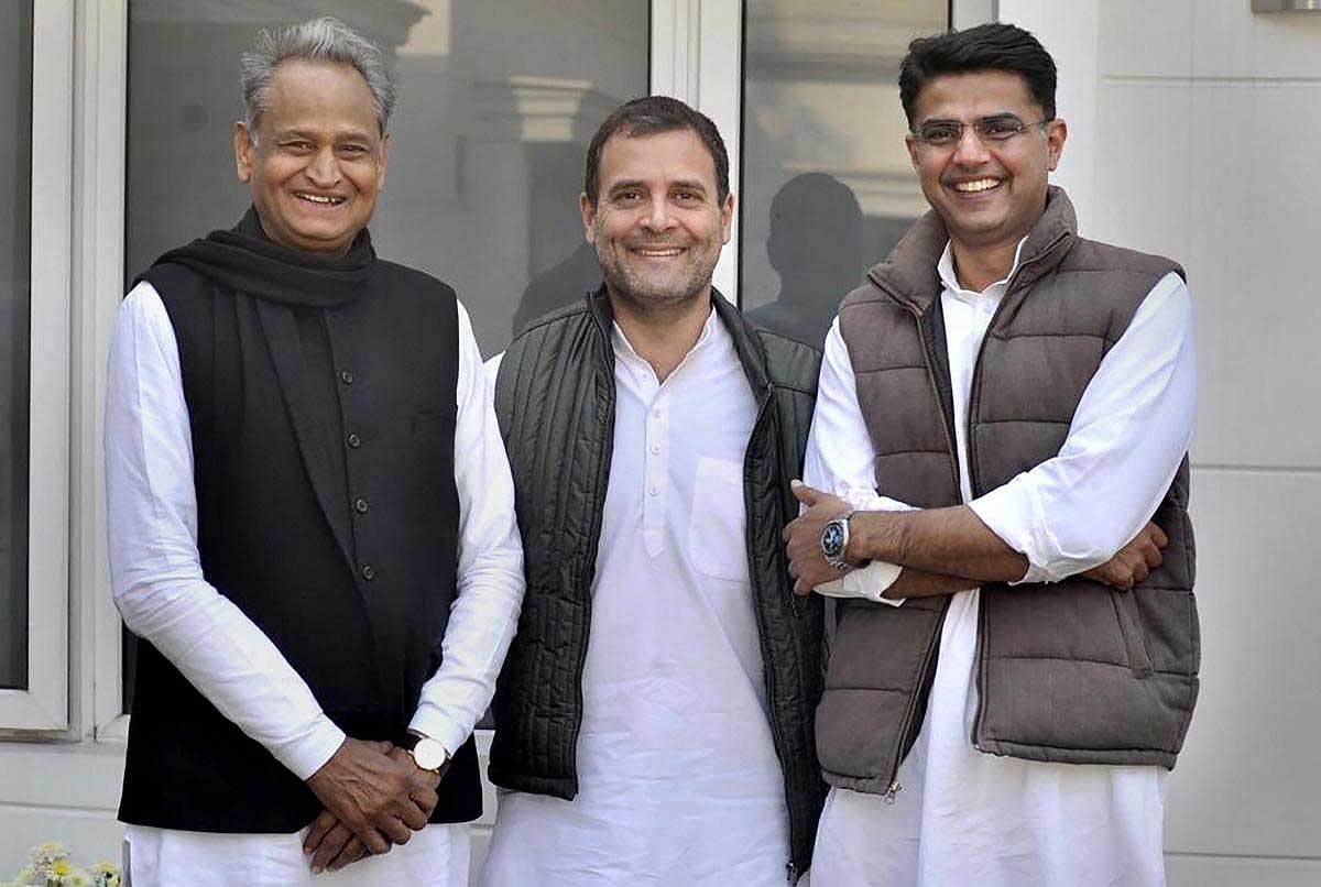 Congress President Rahul Gandhi with Rajasthan Congress President Sachin Pilot and senior party leader Ashok Gehlot at his residence in New Delhi, Friday, Dec. 14, 2018. (Twitter photo via PTI)