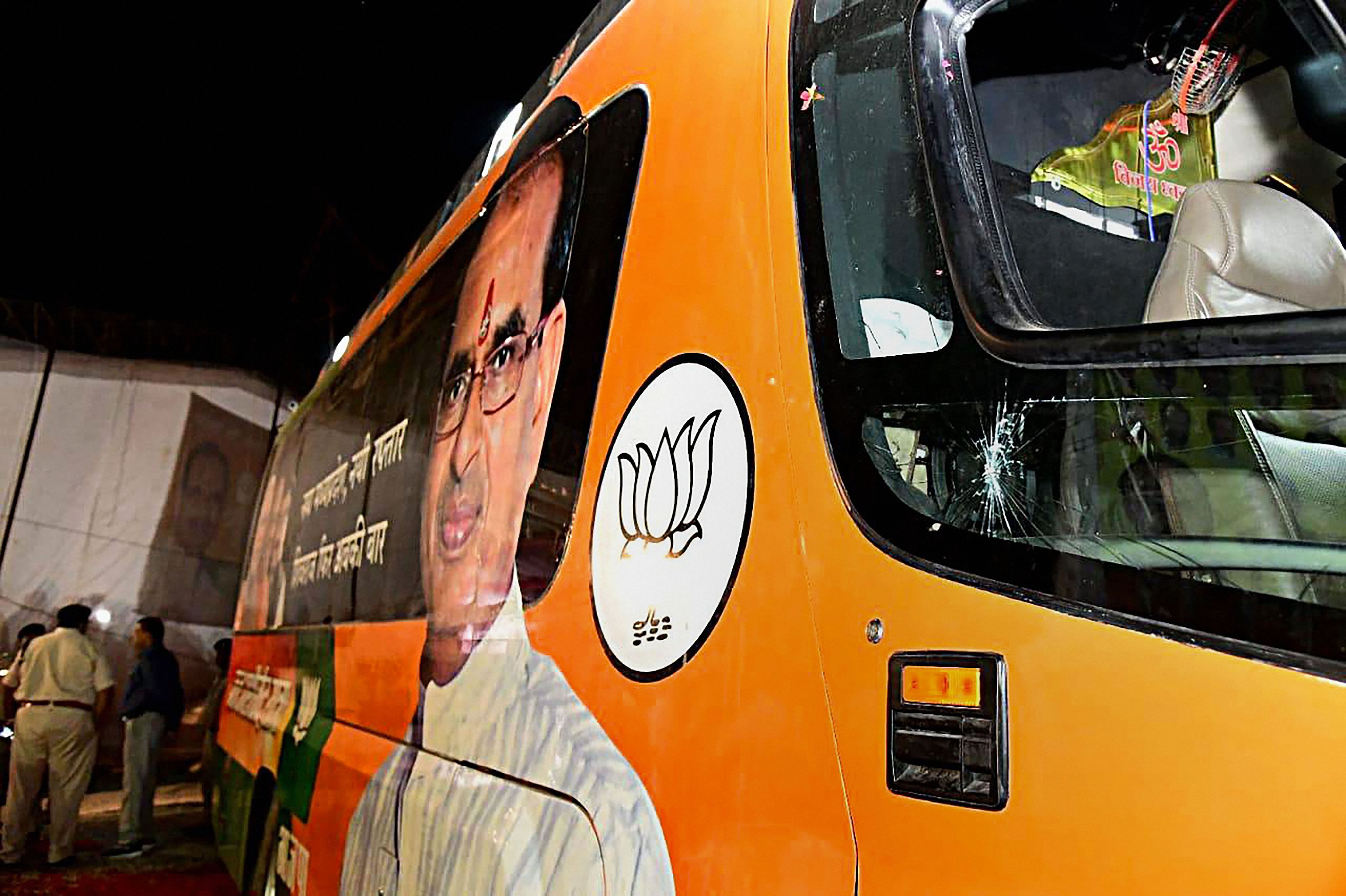 A view of the damaged bus of Madhya Pradesh Chief Minister Shivraj Singh Chouhan after he was attacked on board during his 'Jan Ashirwad Yatra', in Sidhi on September 2, 2018. PTI file photo