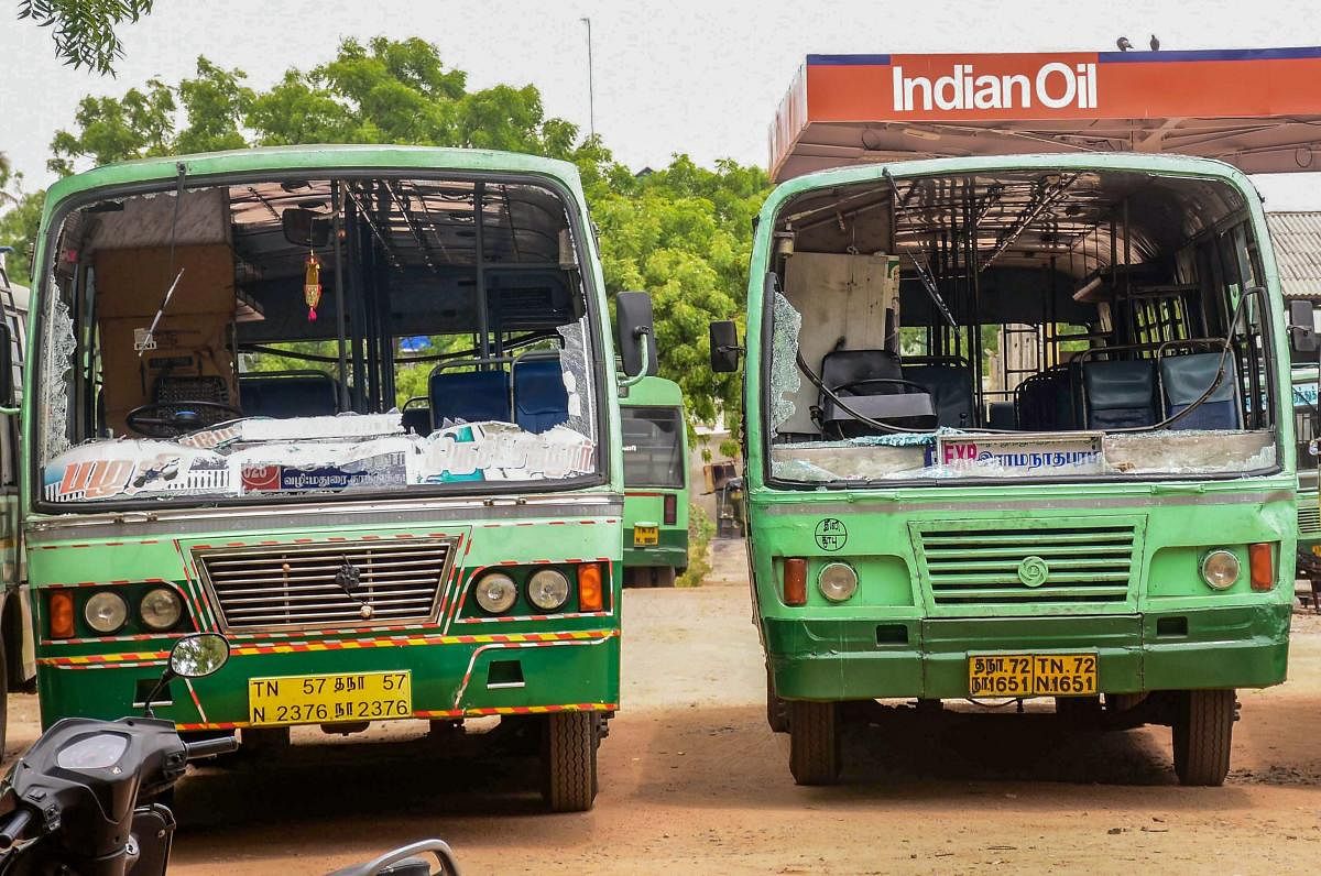 Buses vandalised during a violent protest against the closure of Vedanta's Sterlite Copper unit, in Tuticorin, on Thursday. Over 100 people were arrested for protesting police firing on Tuesday and Wednesday in the port city that left 13 dead. PTI file ph