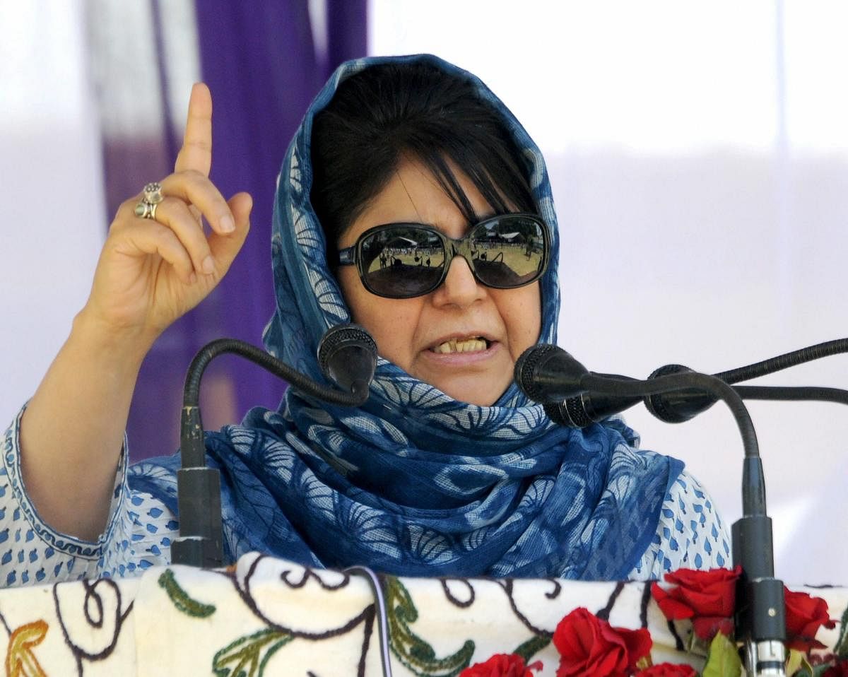 Jammu and Kashmir Chief Minister Mehbooba Mufti addresses a party worker's rally, in Srinagar, on Sunday. PTI