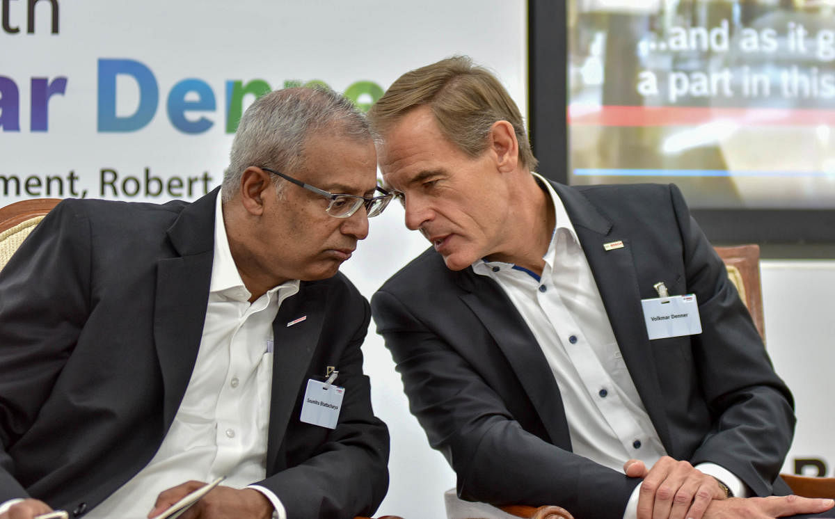 Volkmar Denner and Soumitra Bhattacharya, Managing Director, Bosch Limited and President, Bosch India Group, at a press conference in Bengaluru on Wednesday. DH Photo