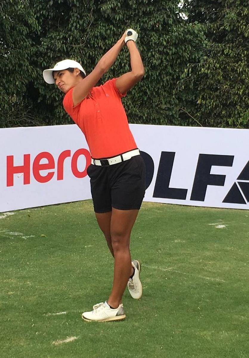 Neha Tripathi tees off during the second round at the Clover Greens on Thursday.  