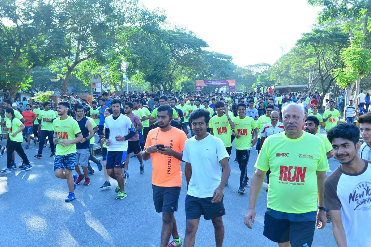 Participants in the five-km run organised to create awareness about menace of drug abuse in Manipal on Sunday.