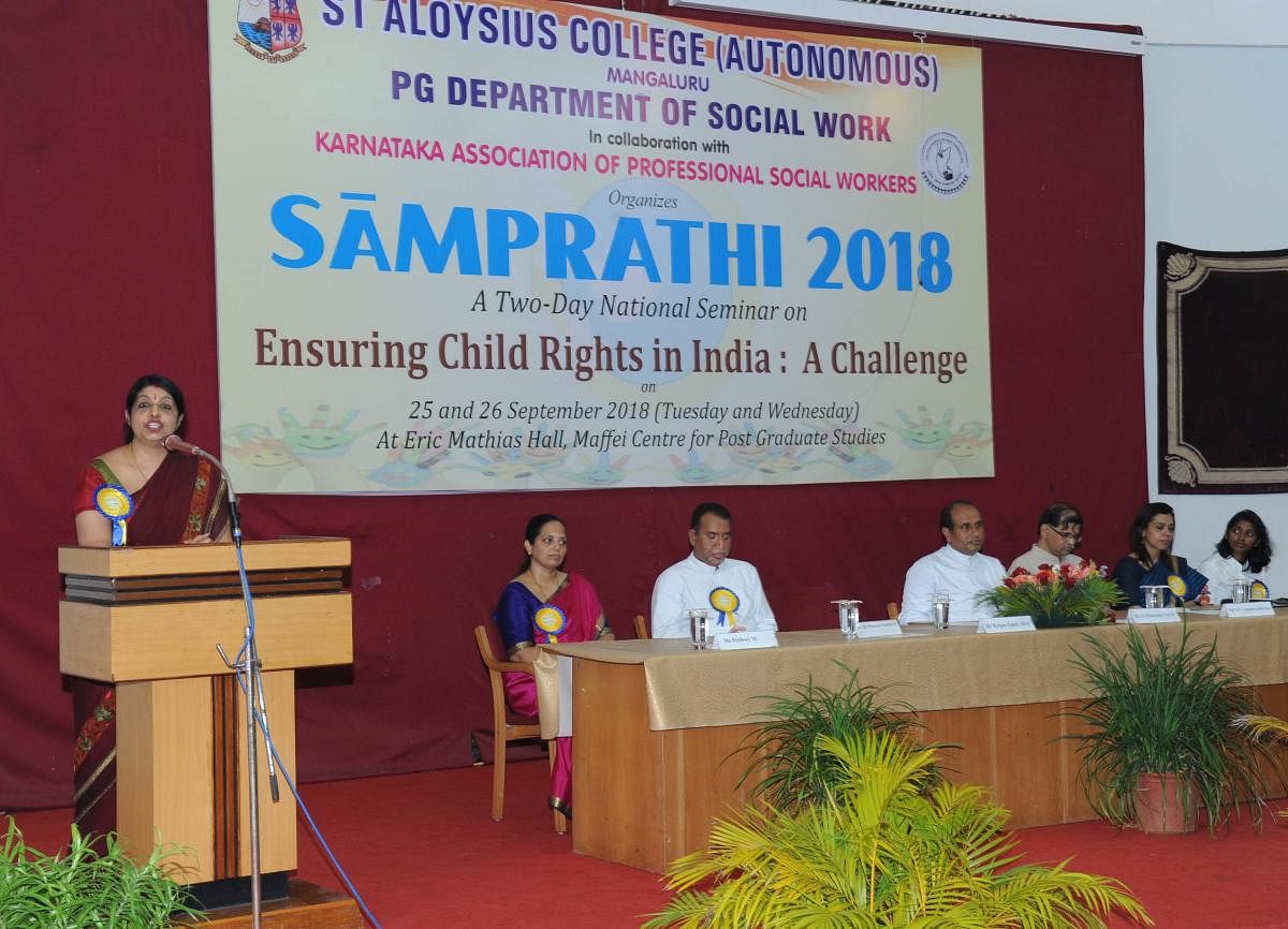 Kripa Amar Alva, former chairperson of Karnataka State Commission for Protection of Child Rights speaks at Samprathi 2018, a two-day national seminar on 'Ensuring Child Rights in India: A Challenge,' organised by the PG department of Social Work of St Alo